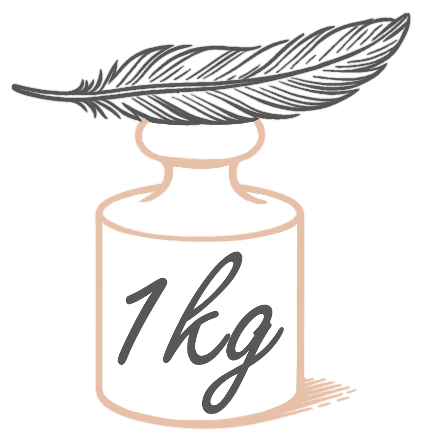 Odważnik 1kg z piórkiem leżącym na nim